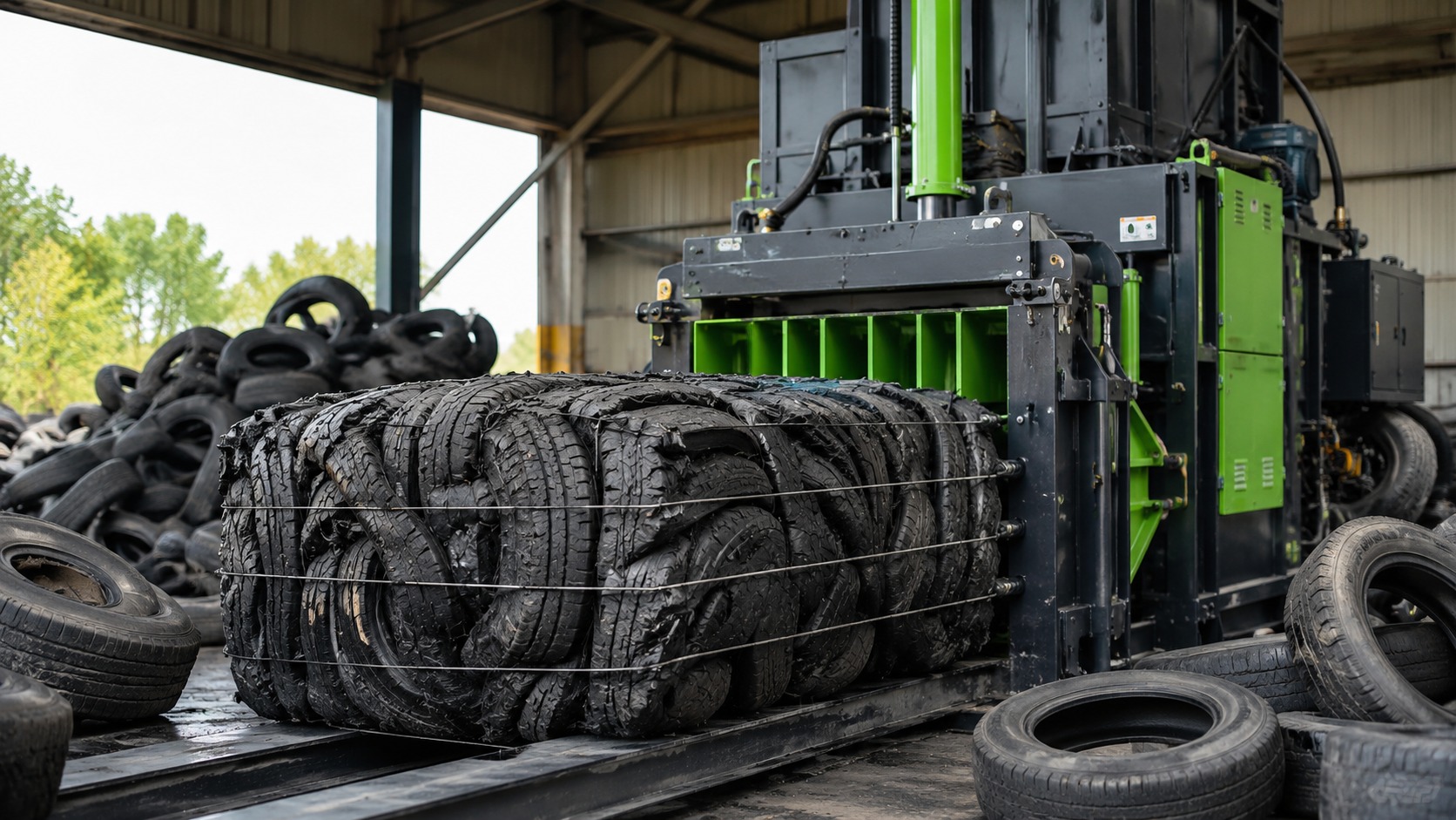 Tyre baler machine compressing waste tyres into a bale
